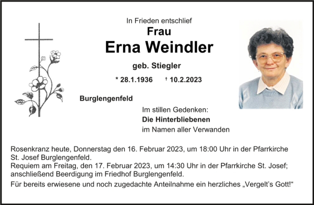  Traueranzeige für Erna Weindler vom 16.02.2023 aus Mittelbayerische Zeitung Schwandorf