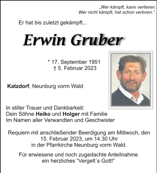 Traueranzeige von Erwin Gruber von Mittelbayerische Zeitung Schwandorf