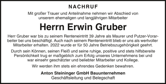 Traueranzeige von Erwin Gruber von Mittelbayerische Zeitung Schwandorf