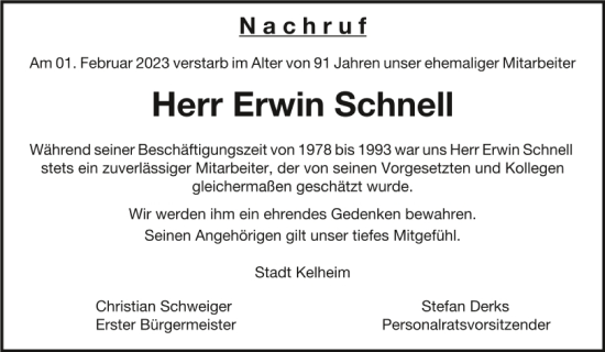 Traueranzeige von Erwin Schnell von Mittelbayerische Zeitung Kelheim