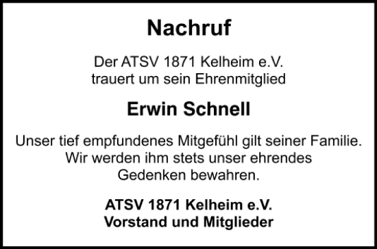 Traueranzeige von Erwin Schnell von Mittelbayerische Zeitung Kelheim