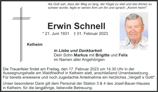 Traueranzeige von Erwin Schnell von Mittelbayerische Zeitung Kelheim