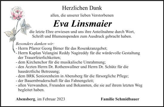 Traueranzeige von Eva Linsmaier von Mittelbayerische Zeitung Kelheim