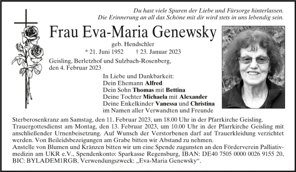 Traueranzeige für Eva-Maria Genewsky vom 04.02.2023 aus Mittelbayerische Zeitung Regensburg