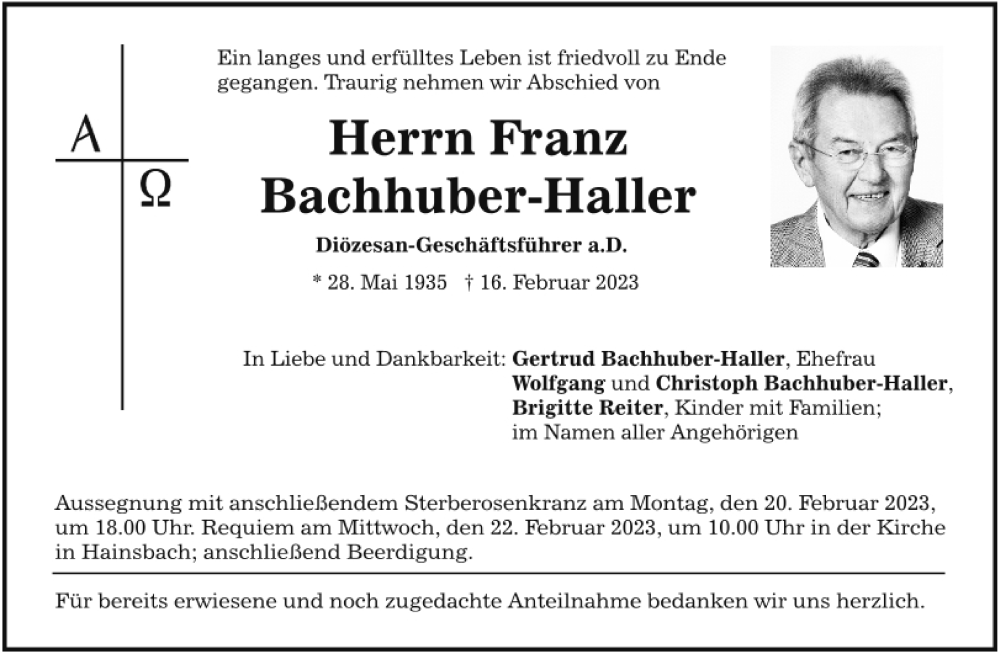  Traueranzeige für Franz Bachhuber-Haller vom 18.02.2023 aus Mittelbayerische Zeitung Regensburg