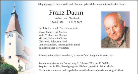 Traueranzeige von Franz Daum von Neumarkter Tagblatt