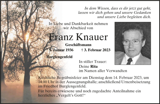Traueranzeige von Franz Knauer von Mittelbayerische Zeitung Schwandorf