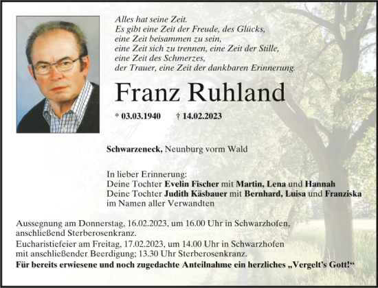 Traueranzeige von Franz Ruhland von Mittelbayerische Zeitung Schwandorf