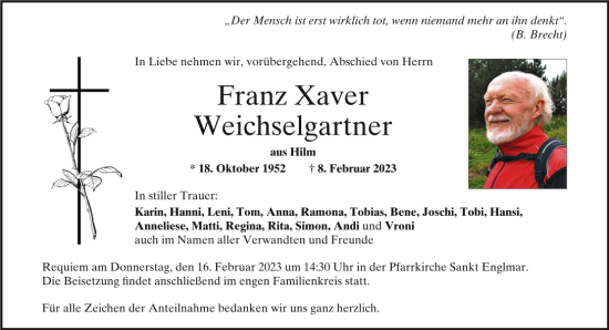 Traueranzeige von Franz Weichselgartner von Mittelbayerische Zeitung Regensburg