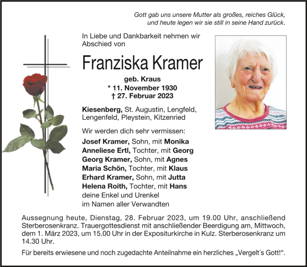  Traueranzeige für Franziska Kramer vom 28.02.2023 aus Mittelbayerische Zeitung Schwandorf