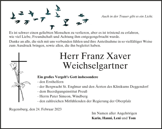Traueranzeige von Franz Xaver Weichselgartner von Mittelbayerische Zeitung Regensburg