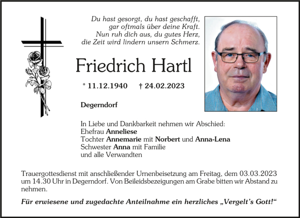  Traueranzeige für Friedrich Hartl vom 01.03.2023 aus Neumarkter Tagblatt
