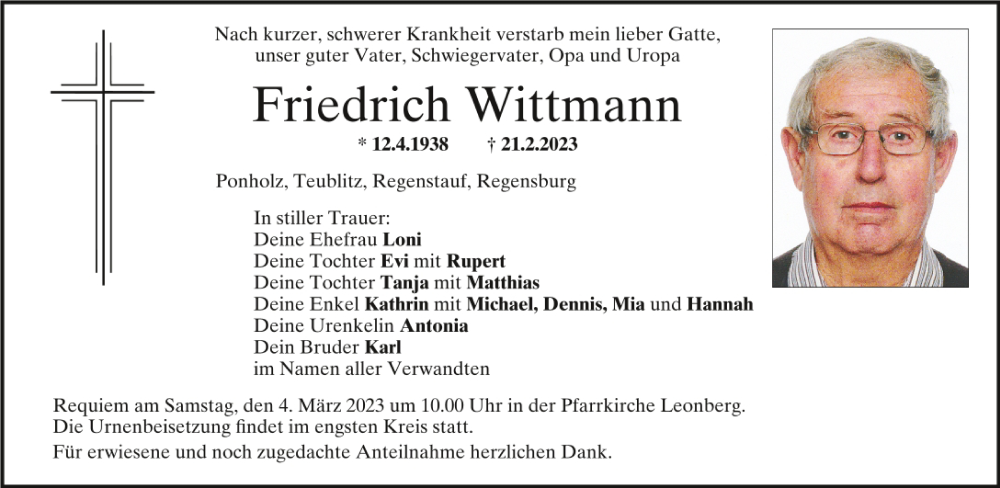 Traueranzeige für Friedrich Wittmann vom 01.03.2023 aus Mittelbayerische Zeitung Schwandorf