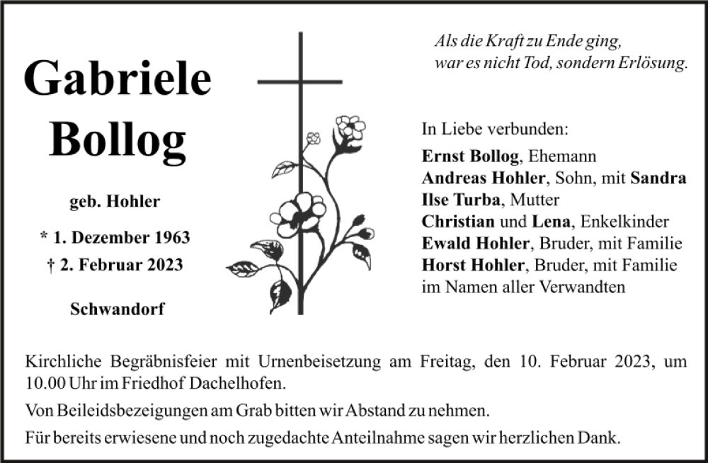  Traueranzeige für Gabriele Bollog vom 04.02.2023 aus Mittelbayerische Zeitung Schwandorf