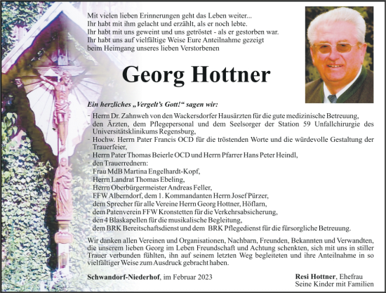Traueranzeige von Georg Hottner von Mittelbayerische Zeitung Schwandorf