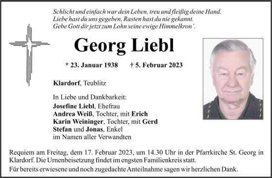 Traueranzeige von Georg Liebl von Mittelbayerische Zeitung Schwandorf