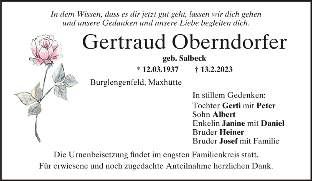  Traueranzeige für Gertraud Oberndorfer vom 18.02.2023 aus Mittelbayerische Zeitung Schwandorf