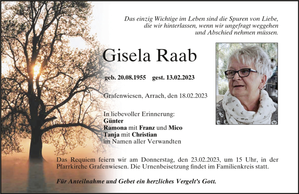  Traueranzeige für Gisela Raab vom 22.02.2023 aus Bayerwald Echo