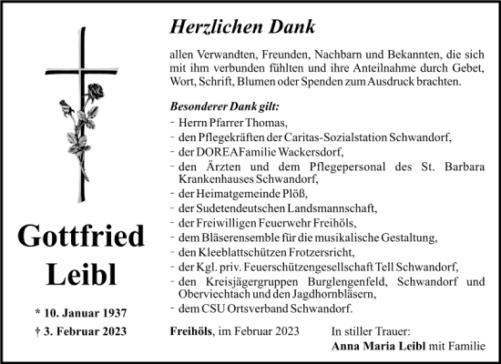Traueranzeige von Gottfried Leibl von Mittelbayerische Zeitung Schwandorf