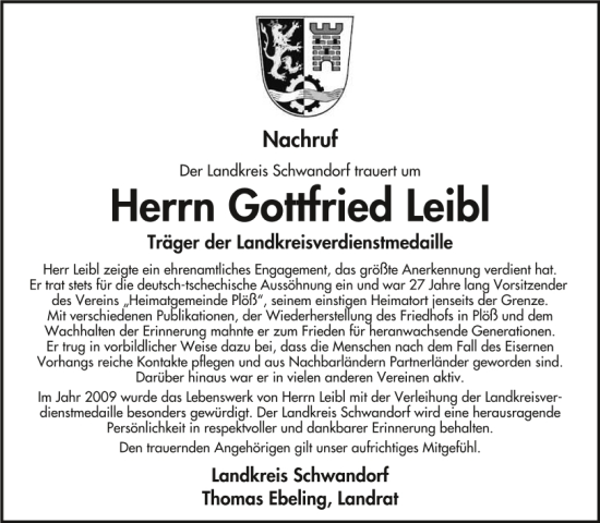 Traueranzeige von Gottfried Leibl von Mittelbayerische Zeitung Schwandorf