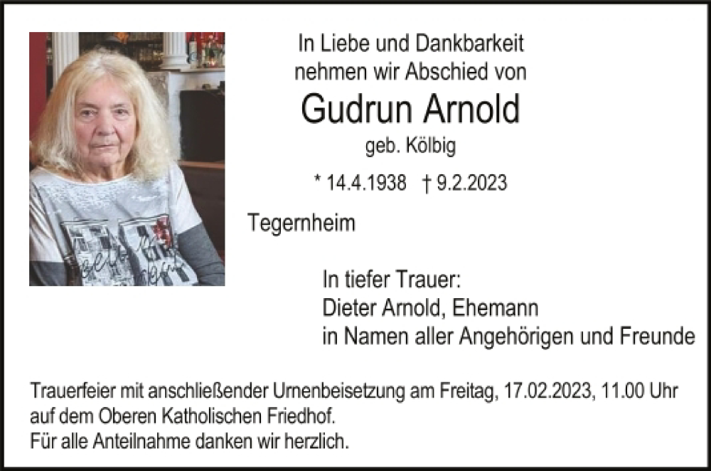  Traueranzeige für Gudrun Arnold vom 11.02.2023 aus Mittelbayerische Zeitung Regensburg