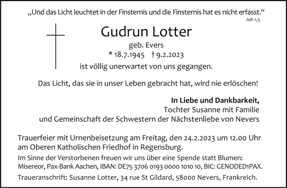  Traueranzeige für Gudrun Lotter vom 18.02.2023 aus Mittelbayerische Zeitung Regensburg