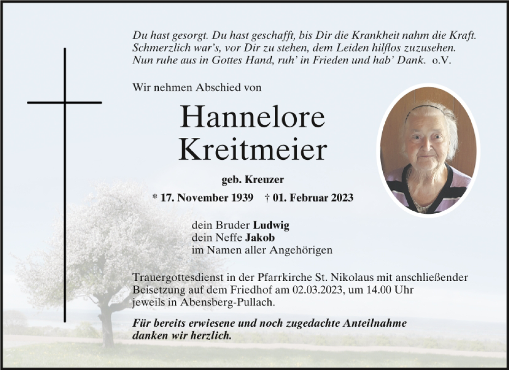  Traueranzeige für Hannelore Kreitmeier vom 25.02.2023 aus Mittelbayerische Zeitung Kelheim
