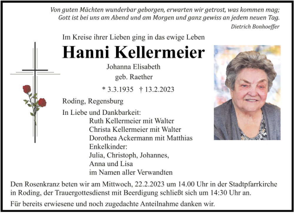  Traueranzeige für Hanni Kellermeier vom 18.02.2023 aus Bayerwald Echo