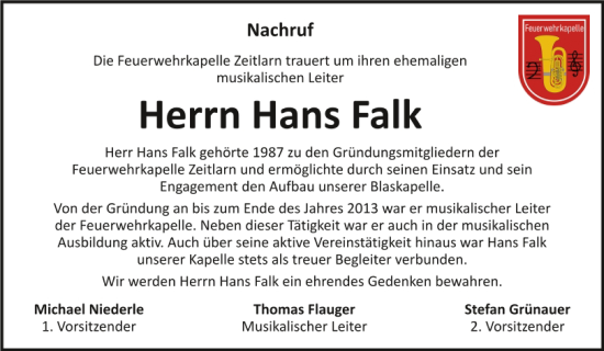 Traueranzeige von Hans Falk von Mittelbayerische Zeitung Regensburg