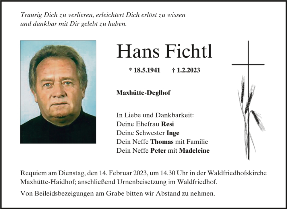 Traueranzeige für Hans Fichtl vom 11.02.2023 aus Mittelbayerische Zeitung Schwandorf