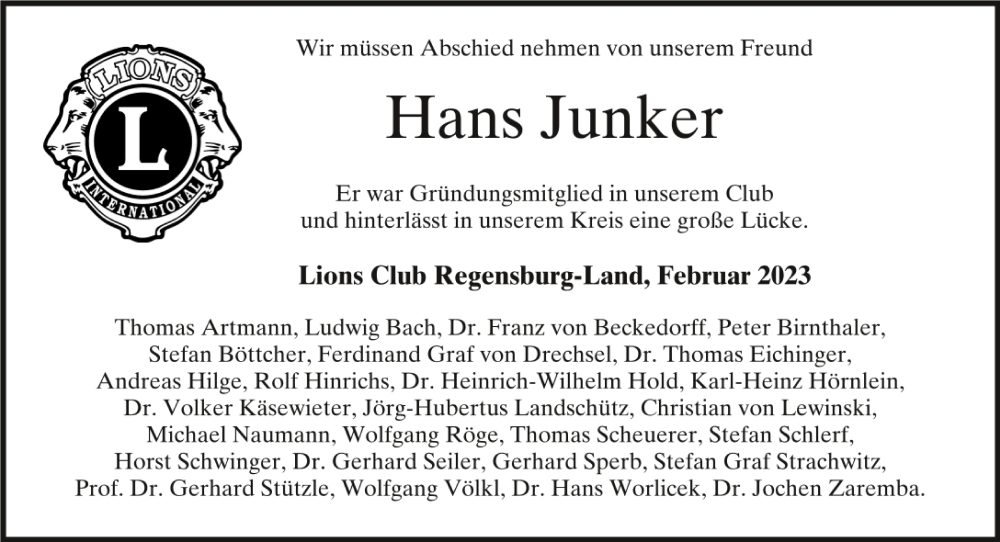  Traueranzeige für Hans Junker vom 11.02.2023 aus Mittelbayerische Zeitung Regensburg