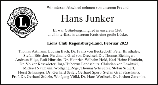 Traueranzeige von Hans Junker von Mittelbayerische Zeitung Regensburg