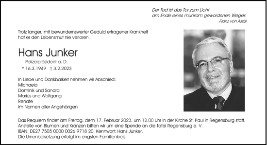 Traueranzeige von Hans Junker von Mittelbayerische Zeitung Regensburg