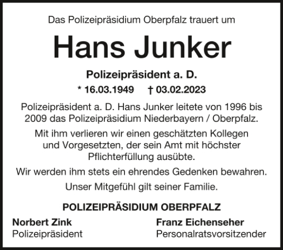 Traueranzeige von Hans Junker von Mittelbayerische Zeitung Regensburg