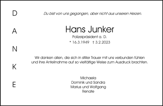 Traueranzeige von Hans Junker von Mittelbayerische Zeitung Regensburg