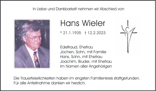 Traueranzeige von Hans Wieler von Mittelbayerische Zeitung Regensburg