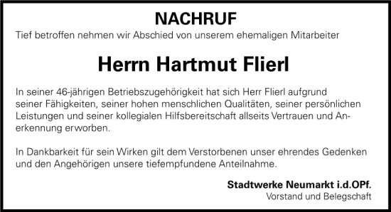 Traueranzeige von Hartmut Flierl von Neumarkter Tagblatt