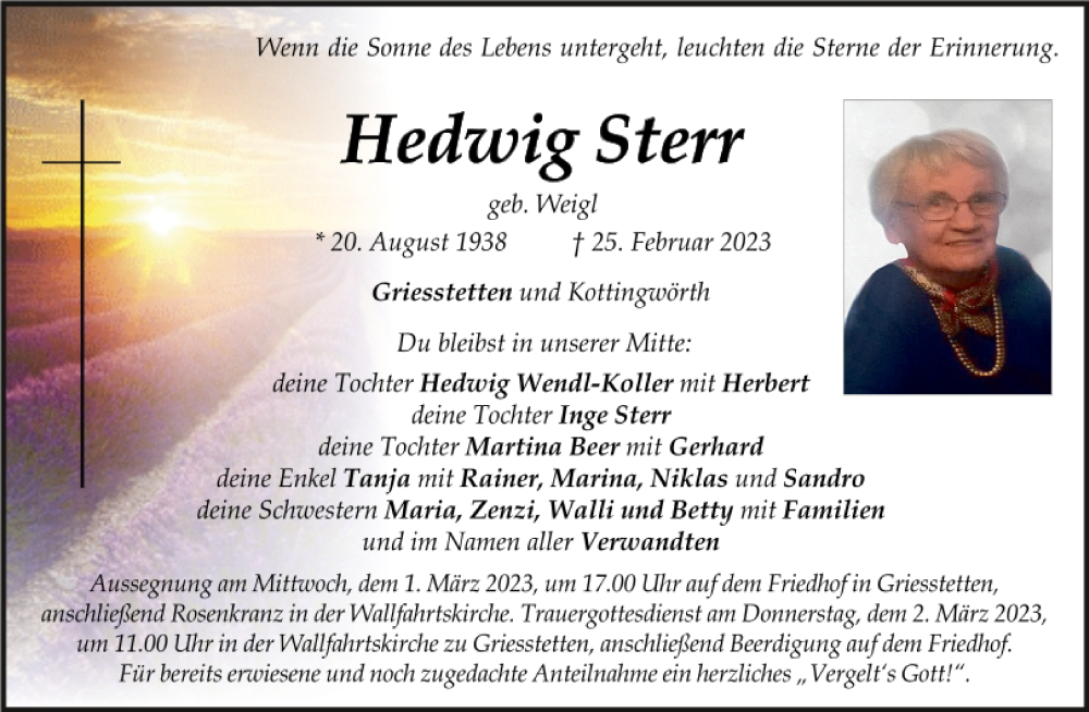  Traueranzeige für Hedwig Sterr vom 28.02.2023 aus Neumarkter Tagblatt