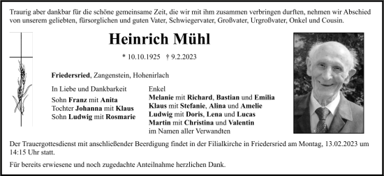 Traueranzeige von Heinrich Mühl von Bayerwald Echo