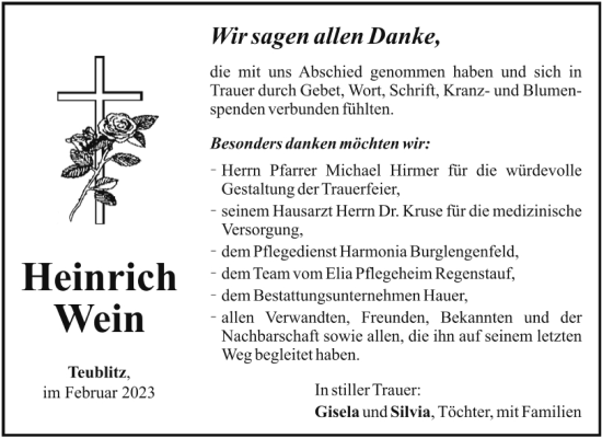 Traueranzeige von Heinrich Wein von Mittelbayerische Zeitung Schwandorf