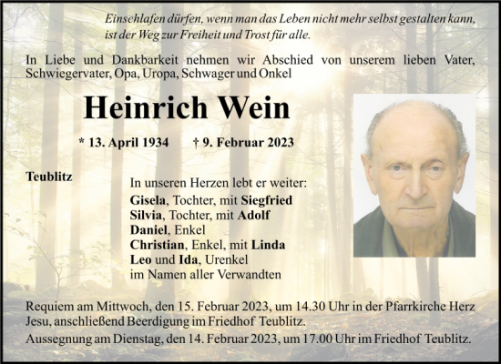 Traueranzeige von Heinrich Wein von Mittelbayerische Zeitung Schwandorf