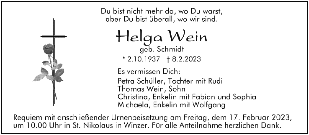  Traueranzeige für Helga Wein vom 11.02.2023 aus Mittelbayerische Zeitung Regensburg