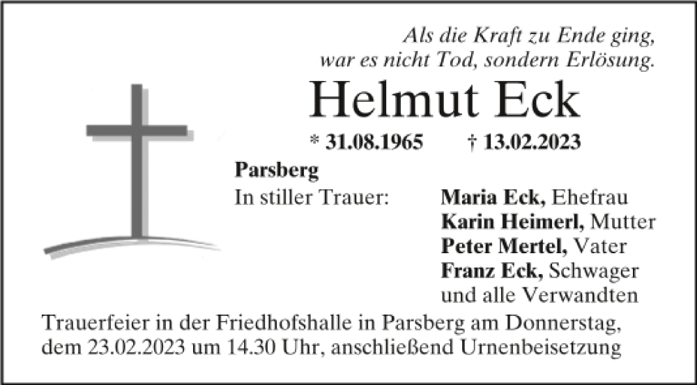  Traueranzeige für Helmut Eck vom 18.02.2023 aus Neumarkter Tagblatt