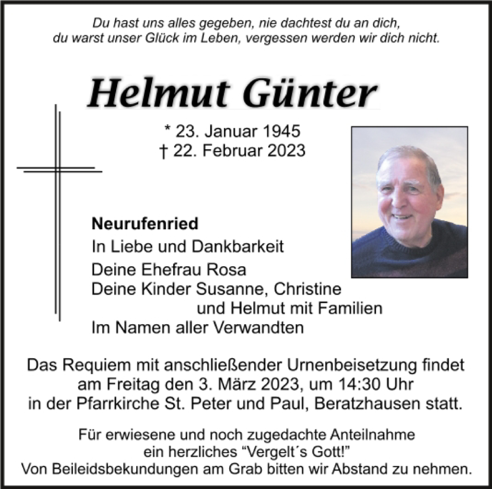  Traueranzeige für Helmut Günter vom 28.02.2023 aus Mittelbayerische Zeitung Regensburg
