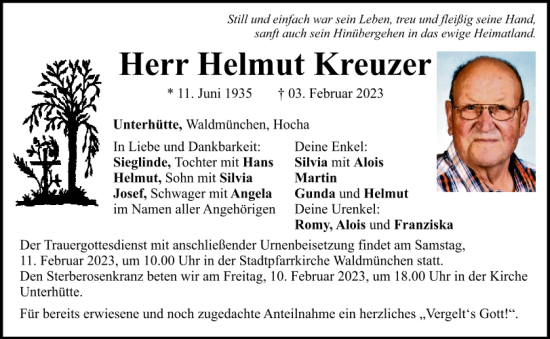 Traueranzeige von Helmut Kreuzer von Bayerwald Echo