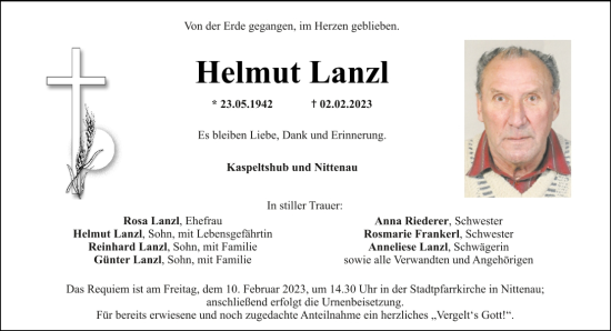 Traueranzeige von Helmut Lanzl von Mittelbayerische Zeitung Regensburg