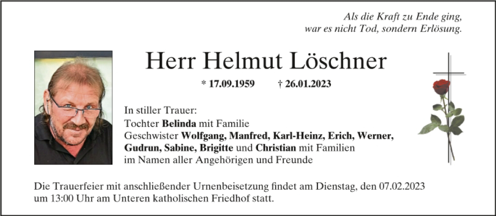  Traueranzeige für Helmut Löschner vom 04.02.2023 aus Mittelbayerische Zeitung Kelheim