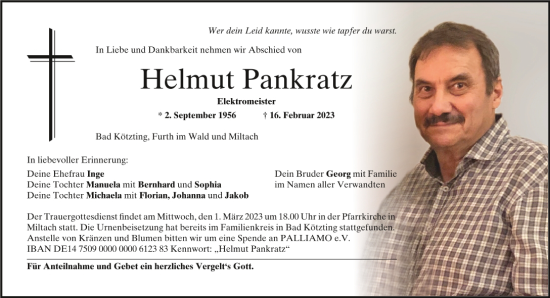 Traueranzeige von Helmut Pankratz von Bayerwald Echo