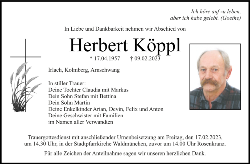  Traueranzeige für Herbert Köppl vom 15.02.2023 aus Bayerwald Echo