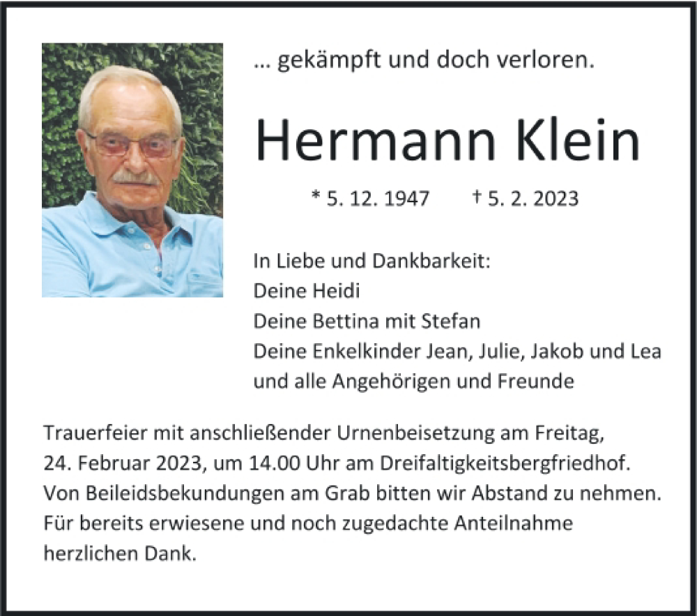  Traueranzeige für Hermann Klein vom 18.02.2023 aus Mittelbayerische Zeitung Regensburg